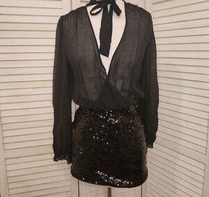Marciano Black Sheer Dress with Sequin Skirt Size M